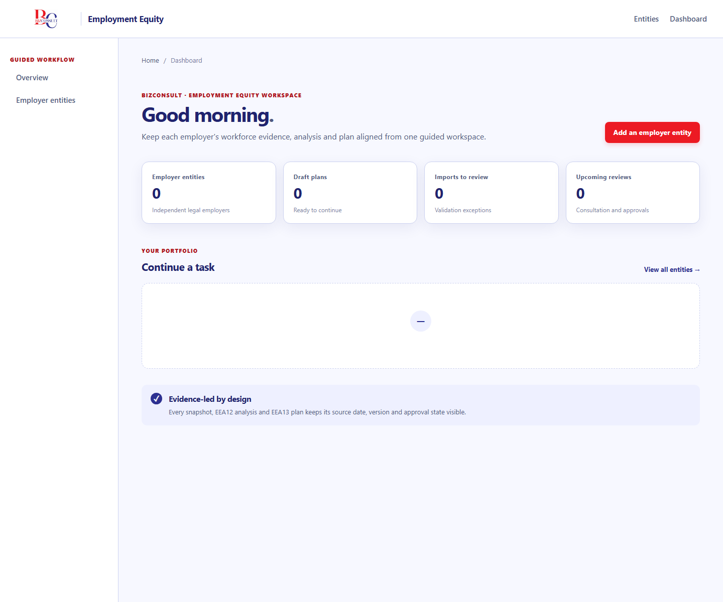 EE Easy application dashboard with employer entities, workforce snapshots and EE plans